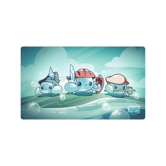 Three adorable blue sea creatures with shells and claws are standing on a wave under the text