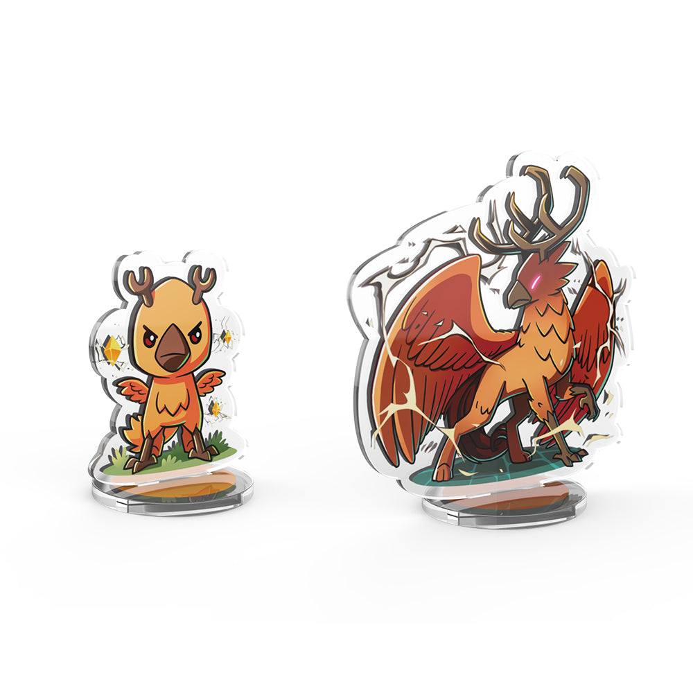 Two Casting Shadows: Talon Lightfeather & Talon the Dark Storm Standees from Unstable Games displaying mythical creatures: on the left, a small, angry stag-like character; and on the right, a larger phoenix with outstretched wings.