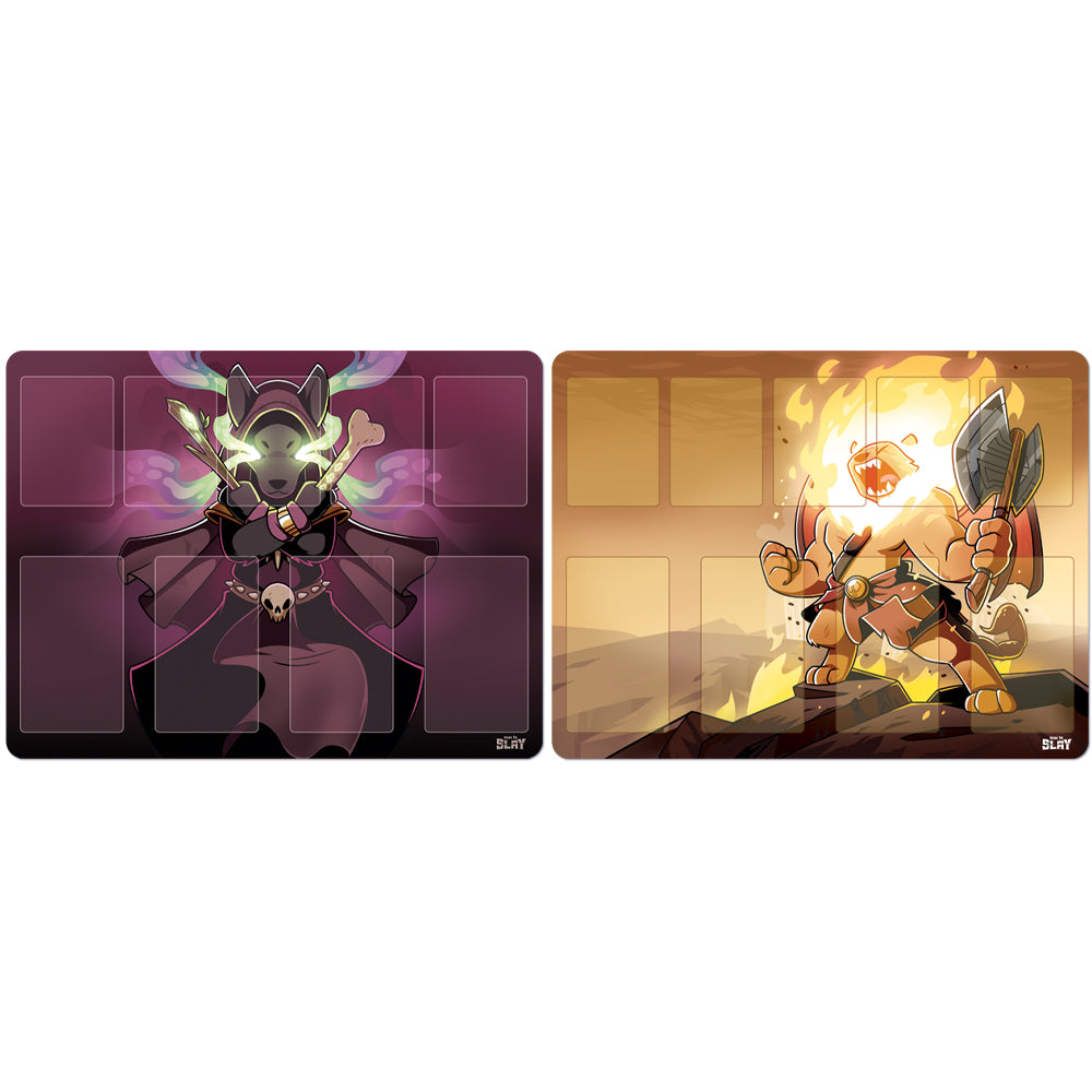 Two Here to Slay: Berserkers & Necromancers Play Mats; left features a stylized knight in purple armor, right illustrates an armored warrior battling a glowing enemy in an explosive scene. (Brand Name: Unstable Games)