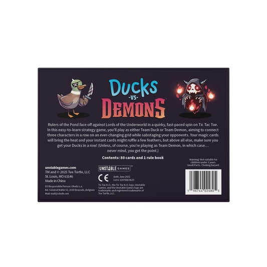 The back of the “Ducks vs. Demons” card game box by Unstable Games features cartoon duck and demon characters, a description of the game, and publisher details.