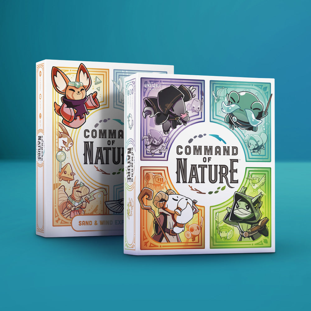 Two "Command of Nature" board game boxes from Unstable Games, filled with colorful illustrated animal characters representing the Sage factions, lean on a teal background. These vibrant covers invite players to master the elements in this strategic tabletop experience.
