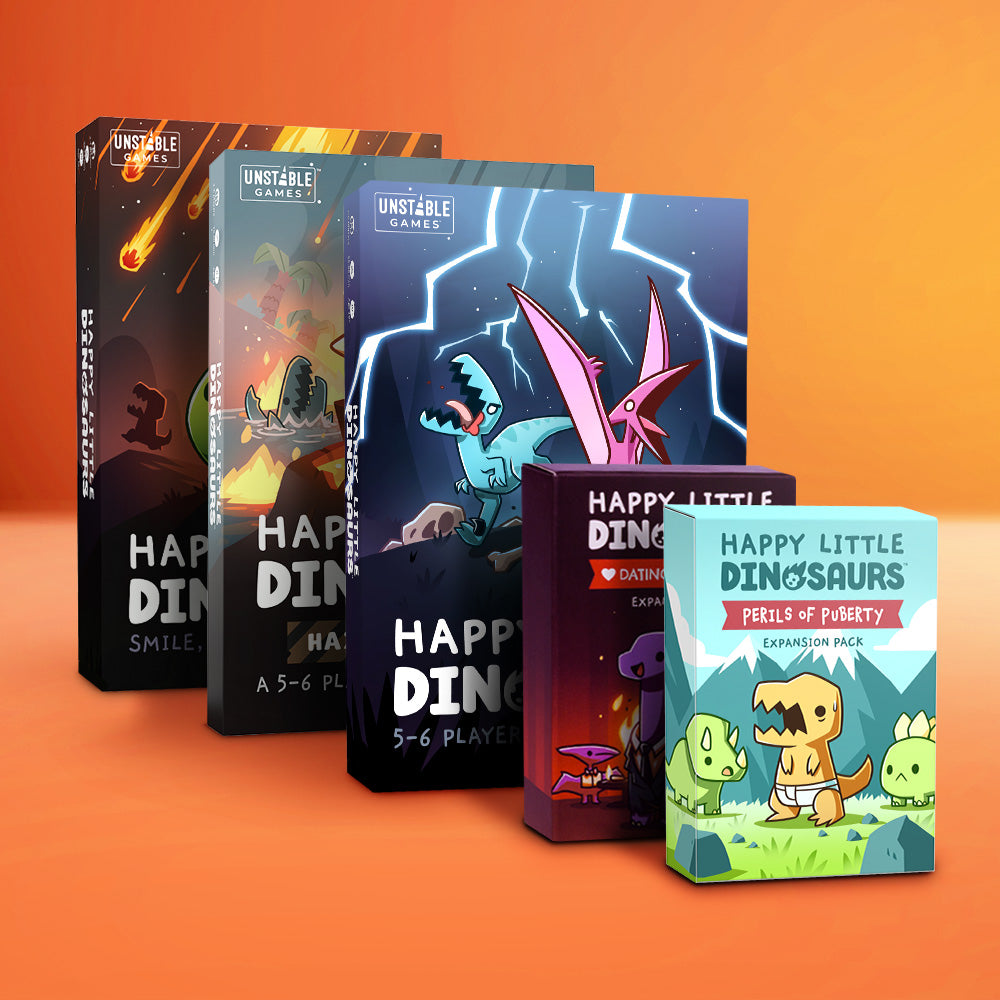 A bundle of "Happy Little Dinosaurs: Base Game + 4 Expansion" by Unstable Games, featuring quirky Disaster cards and Dinosaur Player Boards, sits on an orange background.