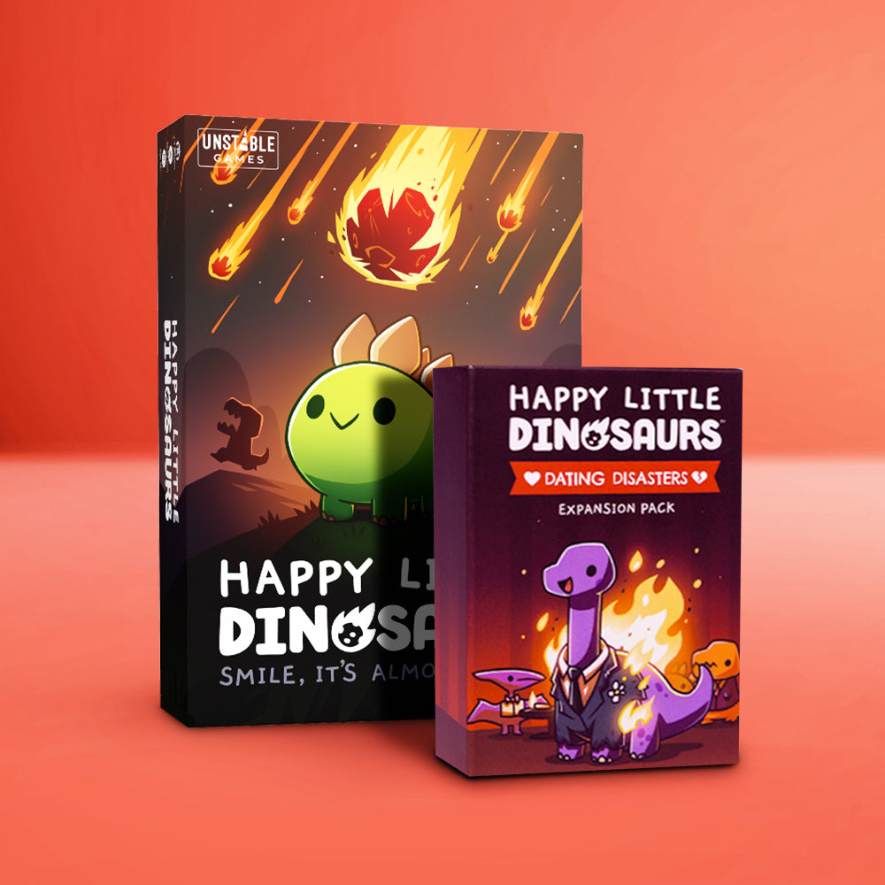 The "Happy Little Dinosaurs: Base Game + Dating Disasters Expansion Bundle" by Unstable Games features cartoon dinosaur meeples and flames on a vibrant orange background.