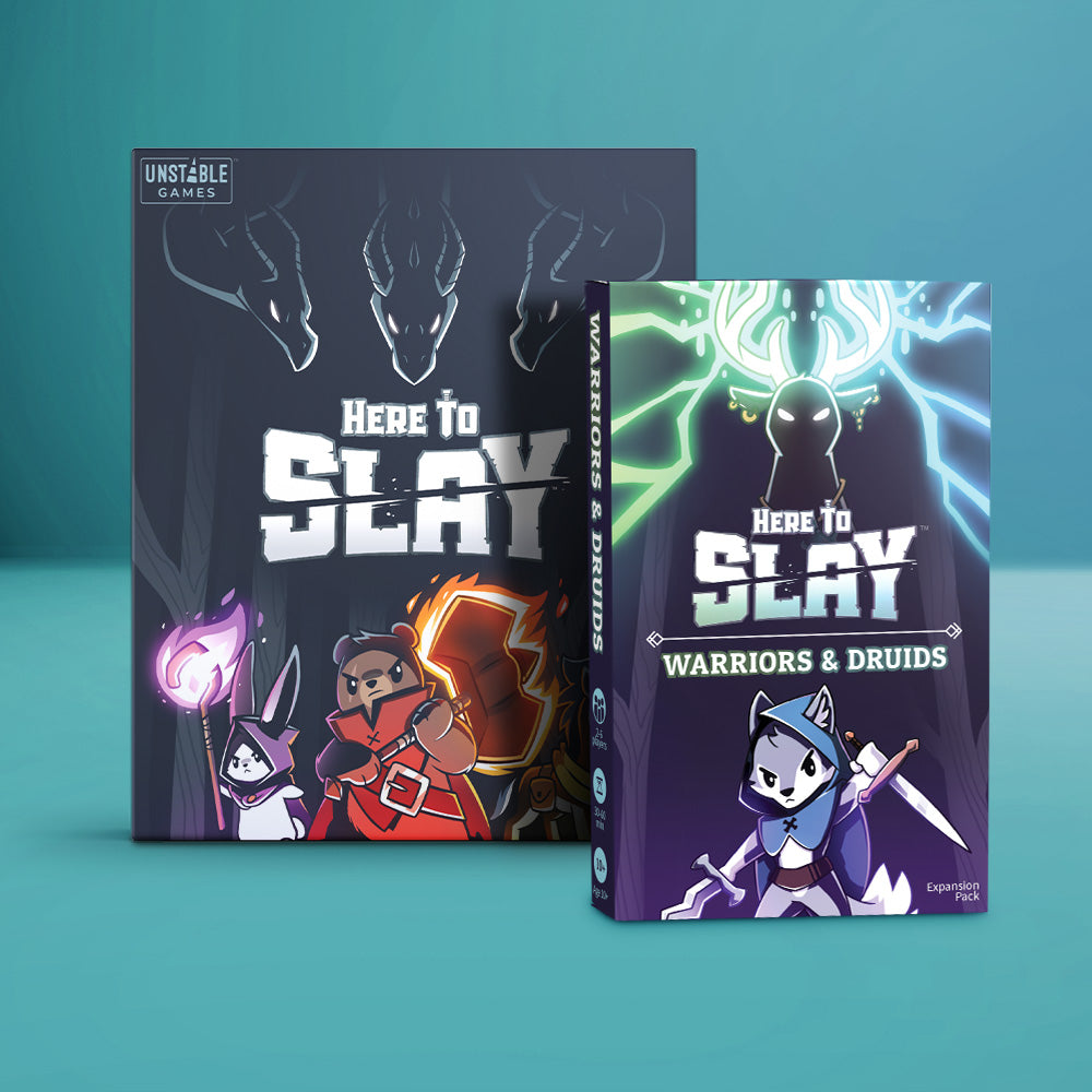 Unstable Games' "Here to Slay: Base Game + Warriors & Druids Expansion Bundle" features cartoon animal warriors ready for a role-playing adventure. Main box left, expansion pack right, all set against a teal background for this strategic card game.