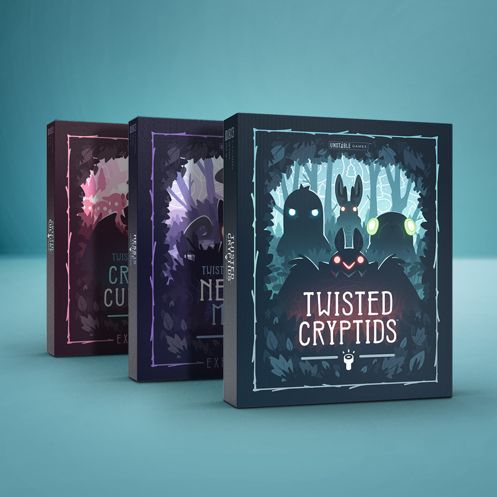 Three "Twisted Cryptids: Base Game + 2 Expansion Bundle" boxes by Unstable Games are displayed in a row, each featuring stylized illustrations of mysterious creatures on their covers.