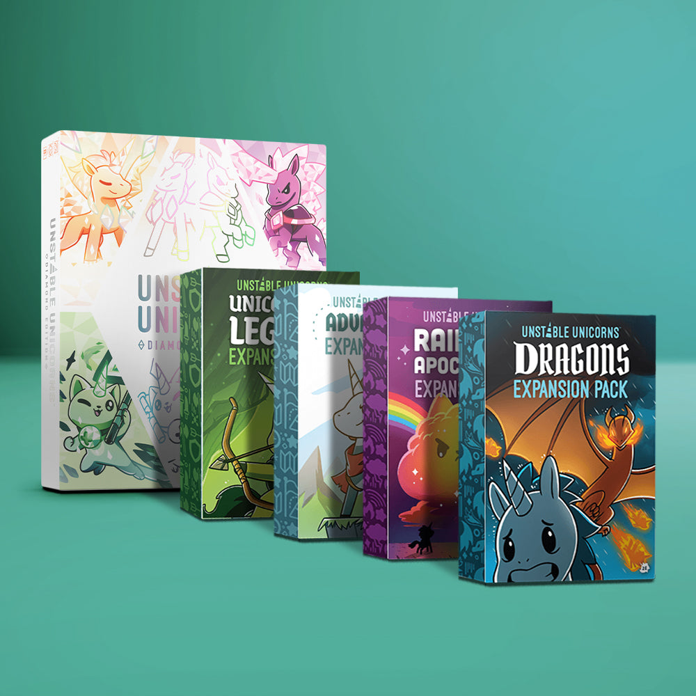 Five boxes of Unstable Games' Unstable Unicorns: Diamond Edition Base Game + 4 Expansion Bundle are displayed in a row on a teal surface with a matching background.