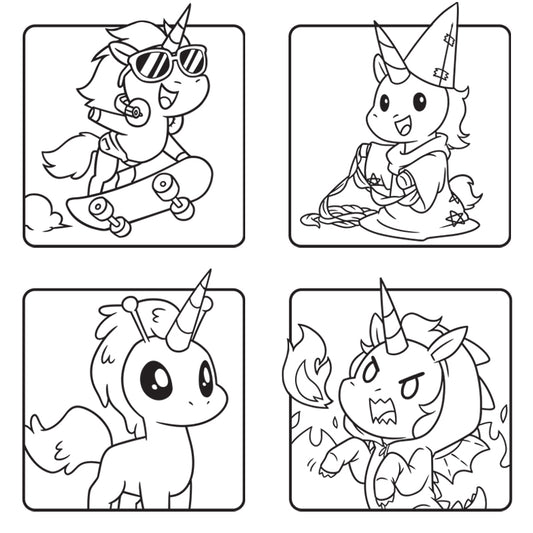 Four cartoon baby unicorns, each in a square frame: one skateboarding with sunglasses, one drawing with a wizard hat, one standing happily, and one appearing angry with flames around from the Unstable Unicorns for Kids Coloring Book by Unstable Games.