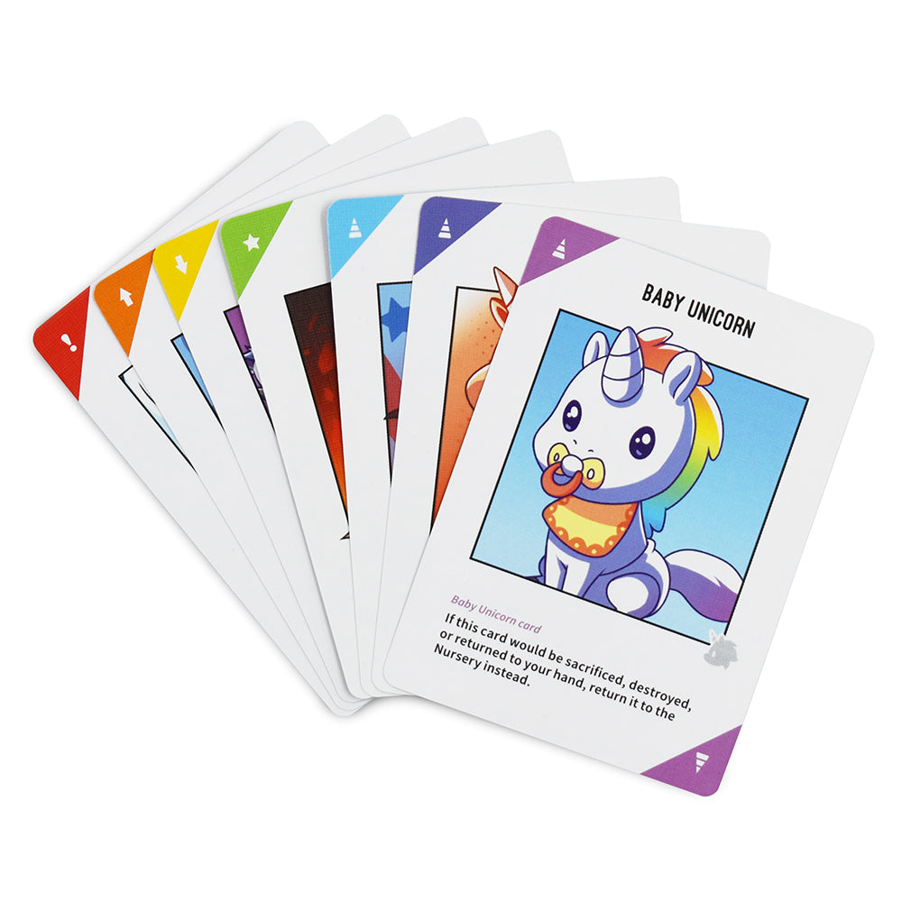 A fan of vibrant playing cards with cartoon unicorns enjoys Unstable Unicorns: Classic Edition by Unstable Games. The top card, "Baby Unicorn," displays a unicorn with a pacifier, ready to join your growing army.