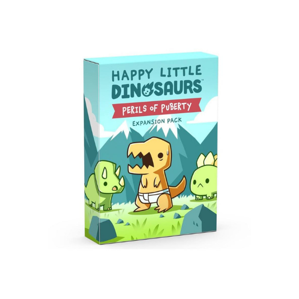 Box cover for the Unstable Games' "Happy Little Dinosaurs: Perils of Puberty Expansion" featuring three cartoon dinosaurs in a grassy area.