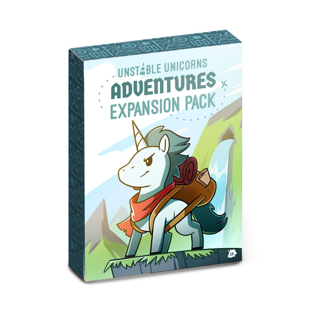 Unstable Games' Unstable Unicorns: Adventures Expansion game box, featuring an illustrated unicorn with a backpack, against a teal patterned background. This edition includes the "unicorn army" battling for buried treasure.