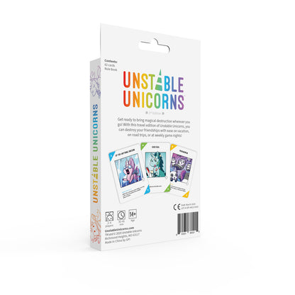 The back of the Unstable Games Unstable Unicorns Travel Edition box, showing text, images of cards, and age recommendations for this strategic card game.