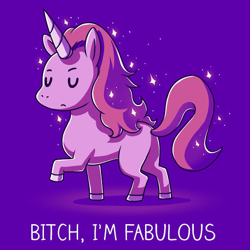 Illustration of a confident unicorn with a pink mane on a purple background, featured on a Unstable Games unisex tee with the caption 