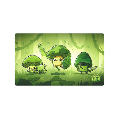 Illustrated scene of three cute, green fungi characters in a forest holding leaves as weapons, captioned "Command of Nature: Play Mat Set by Unstable Games.