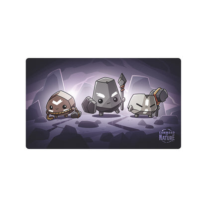 Illustration of three anthropomorphic rock characters on a purple background with an "Unstable Games: Command of Nature: Play Mat Set" logo in the bottom right corner.