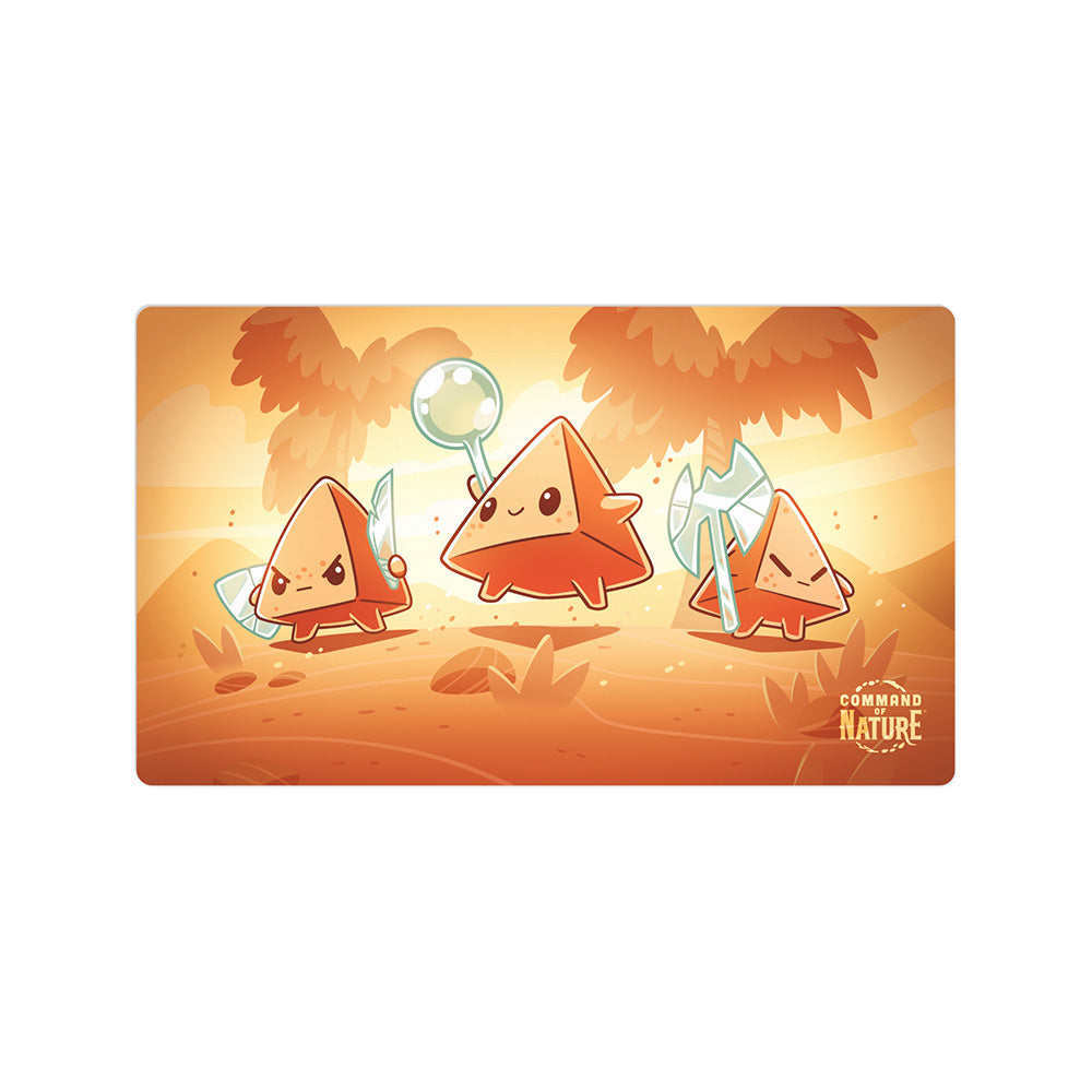 Three charming triangular characters, each equipped with unique tools, stand on an orange-toned landscape with trees in the backdrop. At the bottom right corner, text reads "Command of Nature: Sand & Wind Expansion Play Mat Set" by Unstable Games.