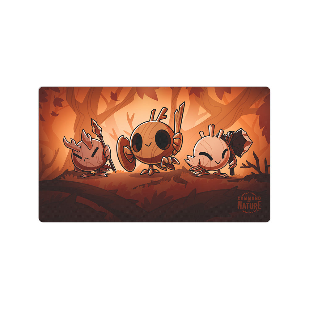 Illustration of three cartoon characters resembling wooden creatures in a forest setting. The background is shaded in warm tones of orange and brown, with the text "Command of Nature: Play Mat Set" from Unstable Games in the corner.