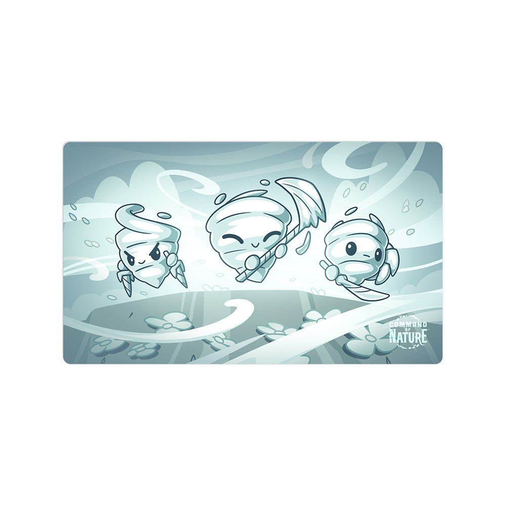 Three animated characters in white-themed attire float over a stylized, swirling landscape with leaves and patterns, under the title "Command of Nature: Sand & Wind Expansion Play Mat Set" by Unstable Games.