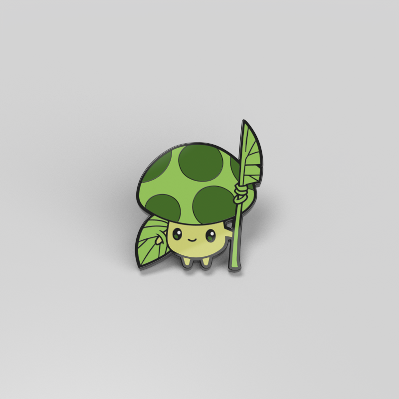 A cartoon illustration of the "Sprout Enamel Pin" by Unstable Games, featuring a small creature with a green mushroom cap and a leaf staff, perfect for character decorations or as metal and enamel pins, set on a plain gray background.