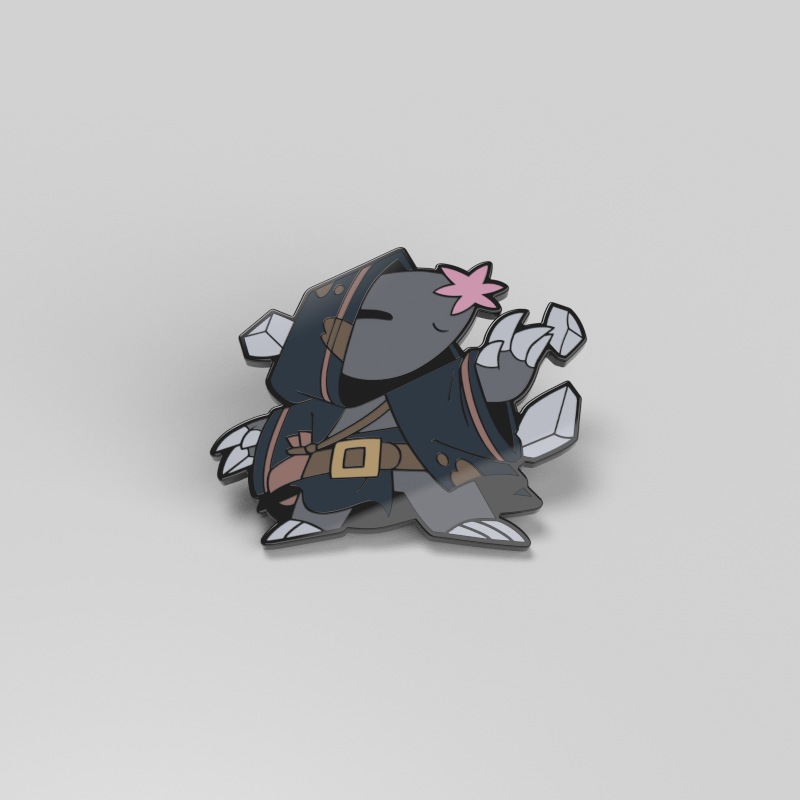 Gravel the Pebble Sage Enamel Pin by Unstable Games features a cartoon animal in a dark cloak encrusted with crystals, striking a pose on a light gray background—an ideal accessory for decorating bags.