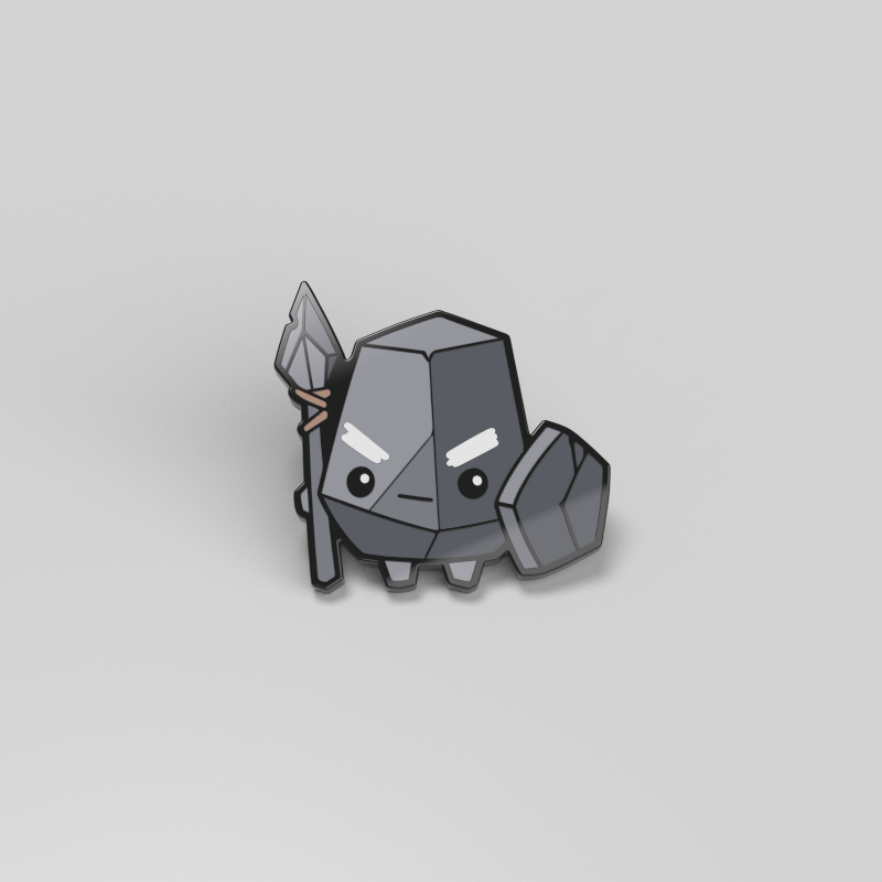 The Cobble Enamel Pin by Unstable Games features a cartoonish gray rock character with white eyebrows, holding a spear and shield, making it an ideal decoration for bags and jackets.