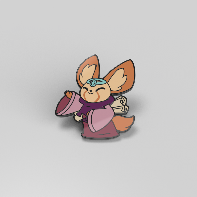 Illustration of a cute, large-eared character named Dusty the Sand Sage from Unstable Games, wearing a headband and a purple robe, holding scrolls, and set against a gray background. This charming enamel pin figure could seamlessly decorate bags with its Command of Nature essence.