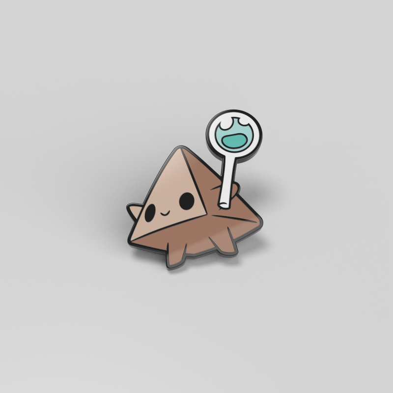 A small, triangular-shaped cartoon character holding a spoon with a teal accent, the Clay Enamel Pin from Unstable Games features a smiling face and simple, two-toned brown design on a light gray background. This charming figure is perfect for decorating bags or other accessories.