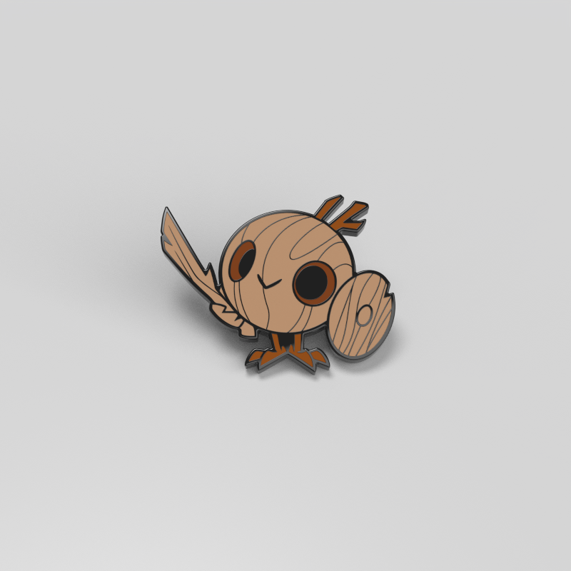 Illustration of the Timber Enamel Pin, a small, round, wooden bird from Unstable Games holding a wooden sword and shield. Depicted in a cartoonish style with simple, clean lines, it’s ideal for Command of Nature characters or for decorating bags.