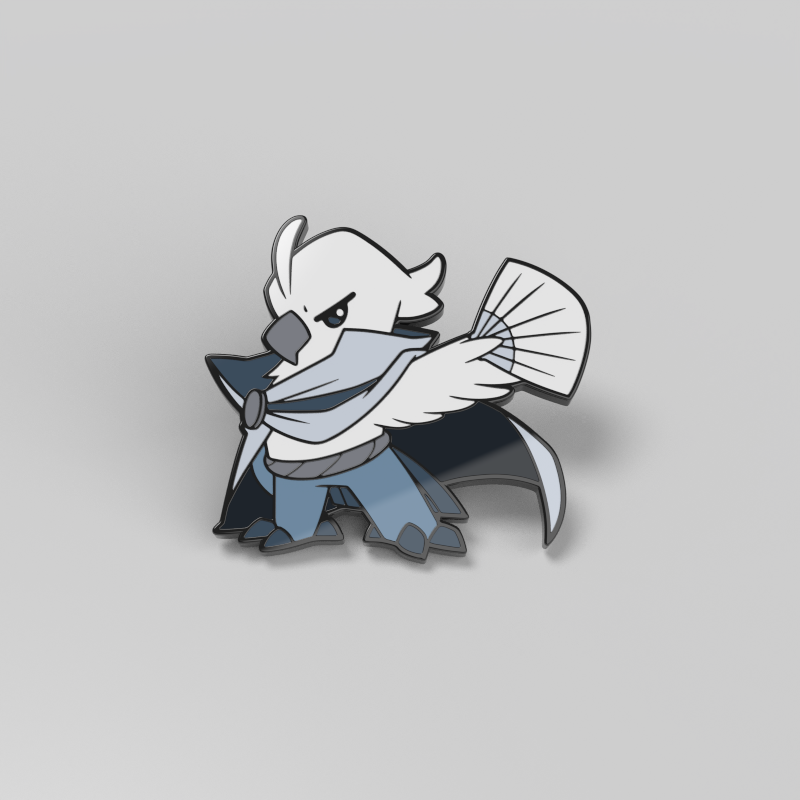 Cyclone the Wind Sage Enamel Pin from Unstable Games features a stylized white bird character, part of the Command of Nature characters, draped in a blue cloak and holding a fan. The cartoon-like design set against a gray background would beautifully decorate bags with its metal and enamel accents.