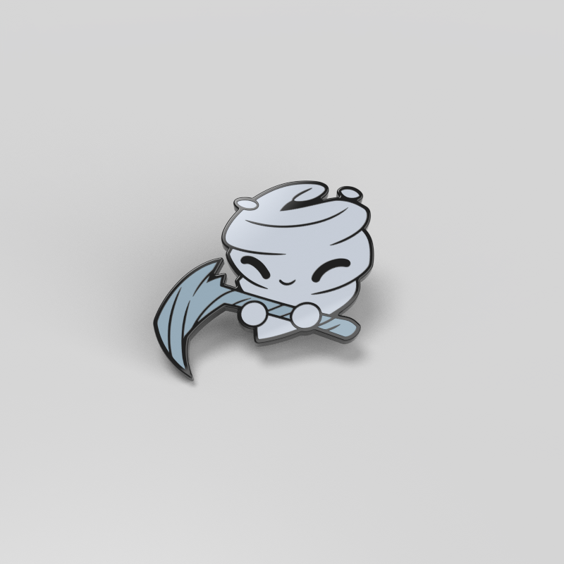 The Gust Enamel Pin from Unstable Games features a white Command of Nature cartoon character holding a blue pickaxe against a plain gray background, making it perfect for decorating bags.