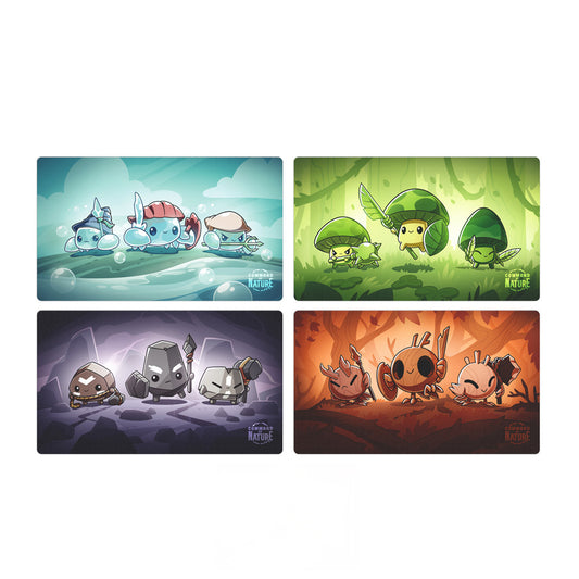 The Command of Nature: Play Mat Set by Unstable Games presents four panels, each highlighting cartoon creatures themed around aquatic, forest, rock, and desert settings. These panels feature three stylized, cute, and colorful Elemental Champions in their unique environments, making it an ideal play mat for fans of whimsical adventures!