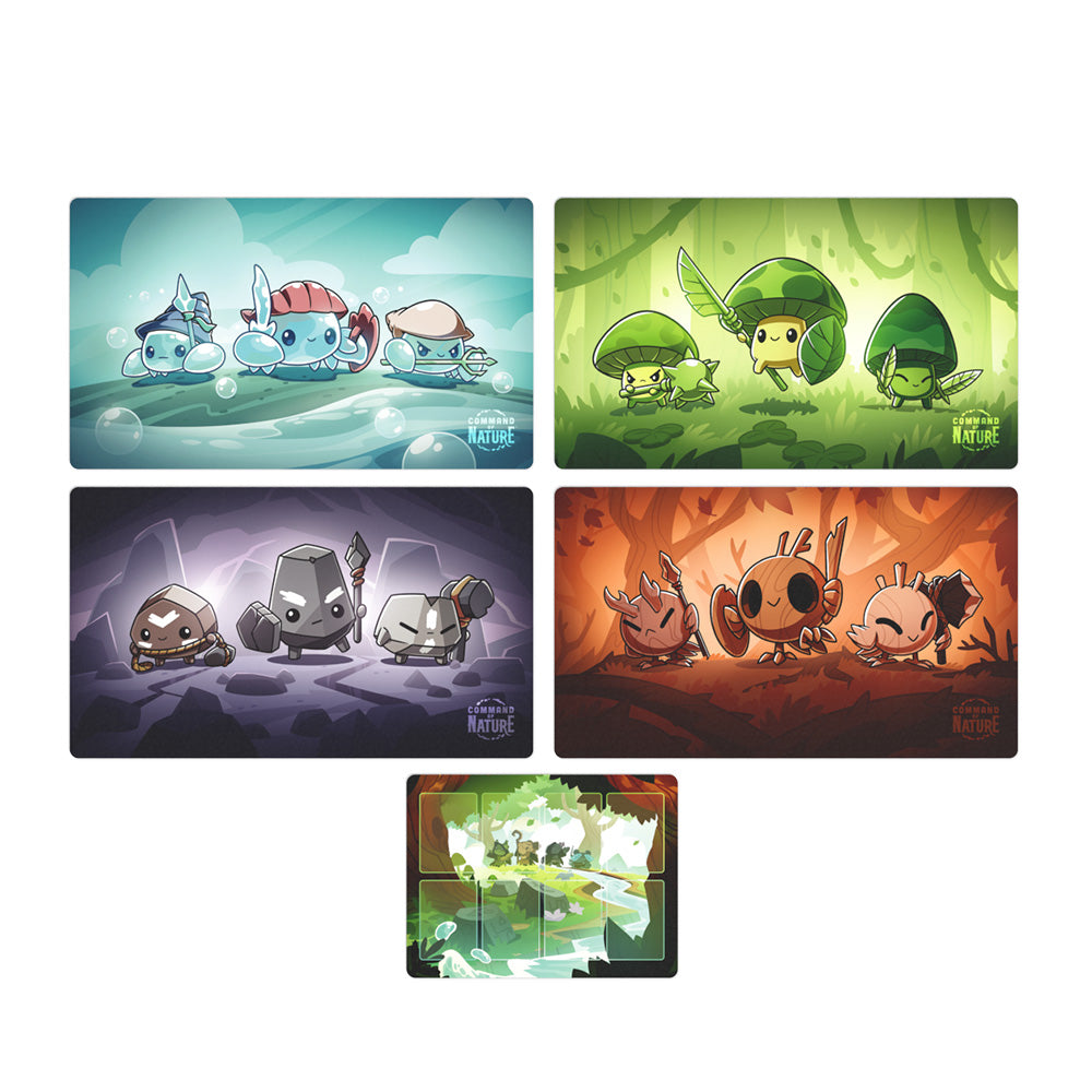 The Command of Nature: Play Mat Set by Unstable Games features illustrated characters of various small creatures in natural environments, such as ice, forest, cave, and fire-themed settings. These illustrations are arranged in a grid consisting of four larger images and one smaller image.