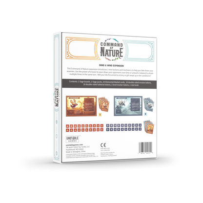 Back of the Command of Nature: Sand & Wind Expansion box detailing its components, features, and information about its publisher, Unstable Games, including new factions and mechanics like erosion and tailwind.