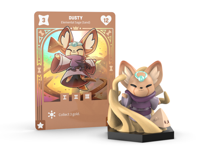 A small figurine of a fox-like character, Dusty the Sand Sage from Unstable Games' Command of Nature collection, is shown with a card in the background labeled "Dusty, Elemental Sage (Sand)," depicting stats of 3 and 12, along with an instruction to collect 3 gold.