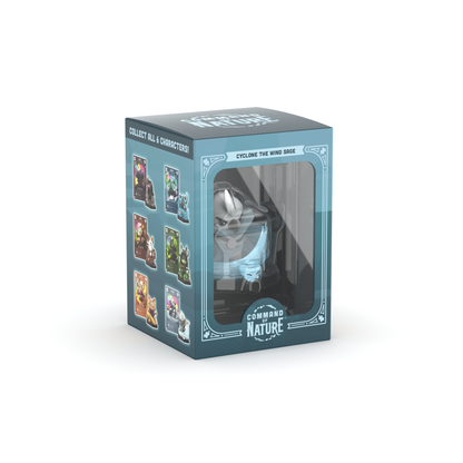 The Command of Nature: Cyclone the Wind Sage Vinyl Figure from Unstable Games is a boxed collectible desk toy featuring detailed depictions of other characters in the series on the side of its packaging.