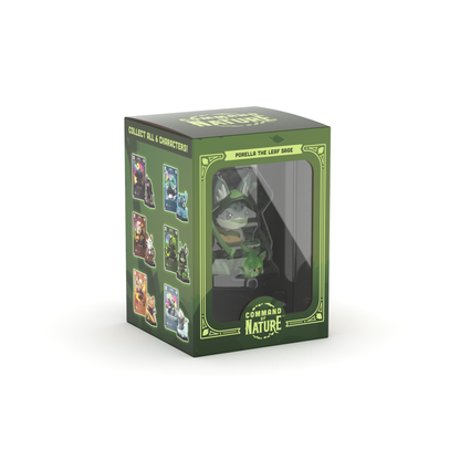 Box containing the "Command of Nature: Porella the Leaf Sage" vinyl figure by Unstable Games with a display window. The box features images of other collectible characters from the Command Nature series on the side, perfect for those who love desk toys.