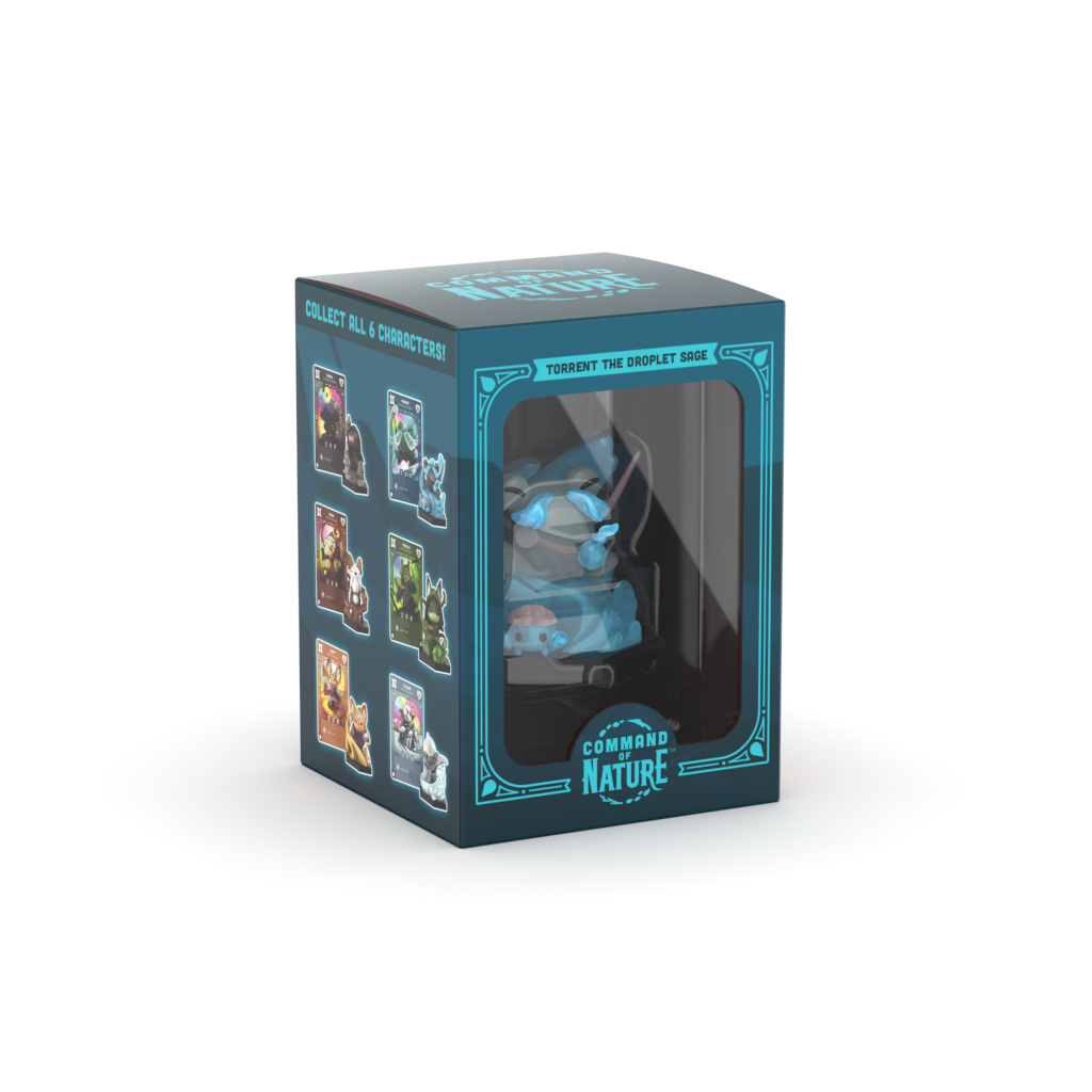 A vinyl figure in a display box from the "Command of Nature: Torrent the Droplet Sage" series by Unstable Games, showcasing Torrent the Droplet Sage. The packaging also features images of other characters in the series on the side.