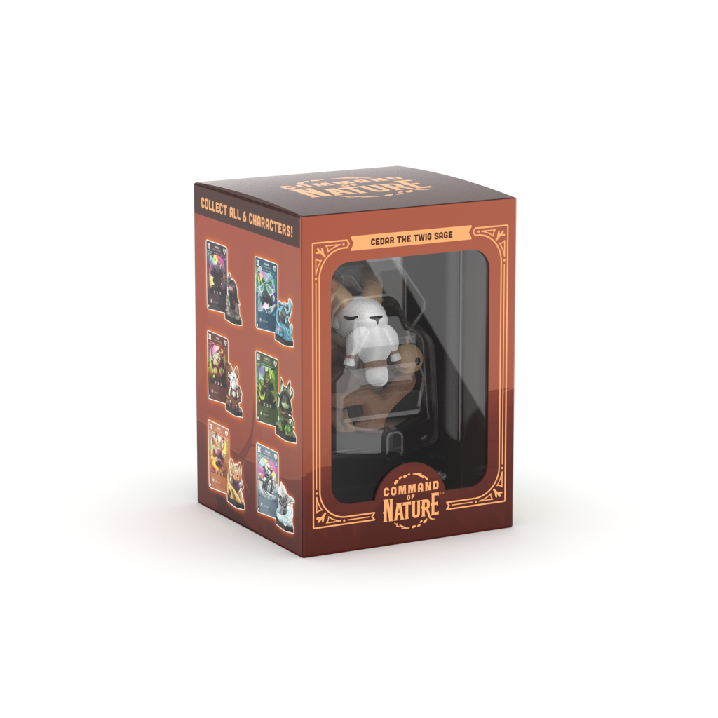 A boxed Command of Nature: Cedar the Twig Sage Vinyl Figure from Unstable Games, presented in brown packaging featuring illustrations of other characters on the left side.