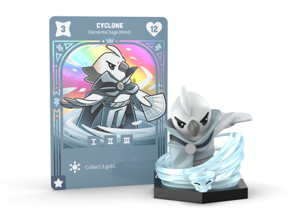 A collectible card and figurine of Cyclone, the Wind Sage from Unstable Games. The Command of Nature Cyclone the Wind Sage Vinyl Figure features a bird-like character wielding a fan and has a card with stats (3 and 12) along with an instruction to collect 3 gold.