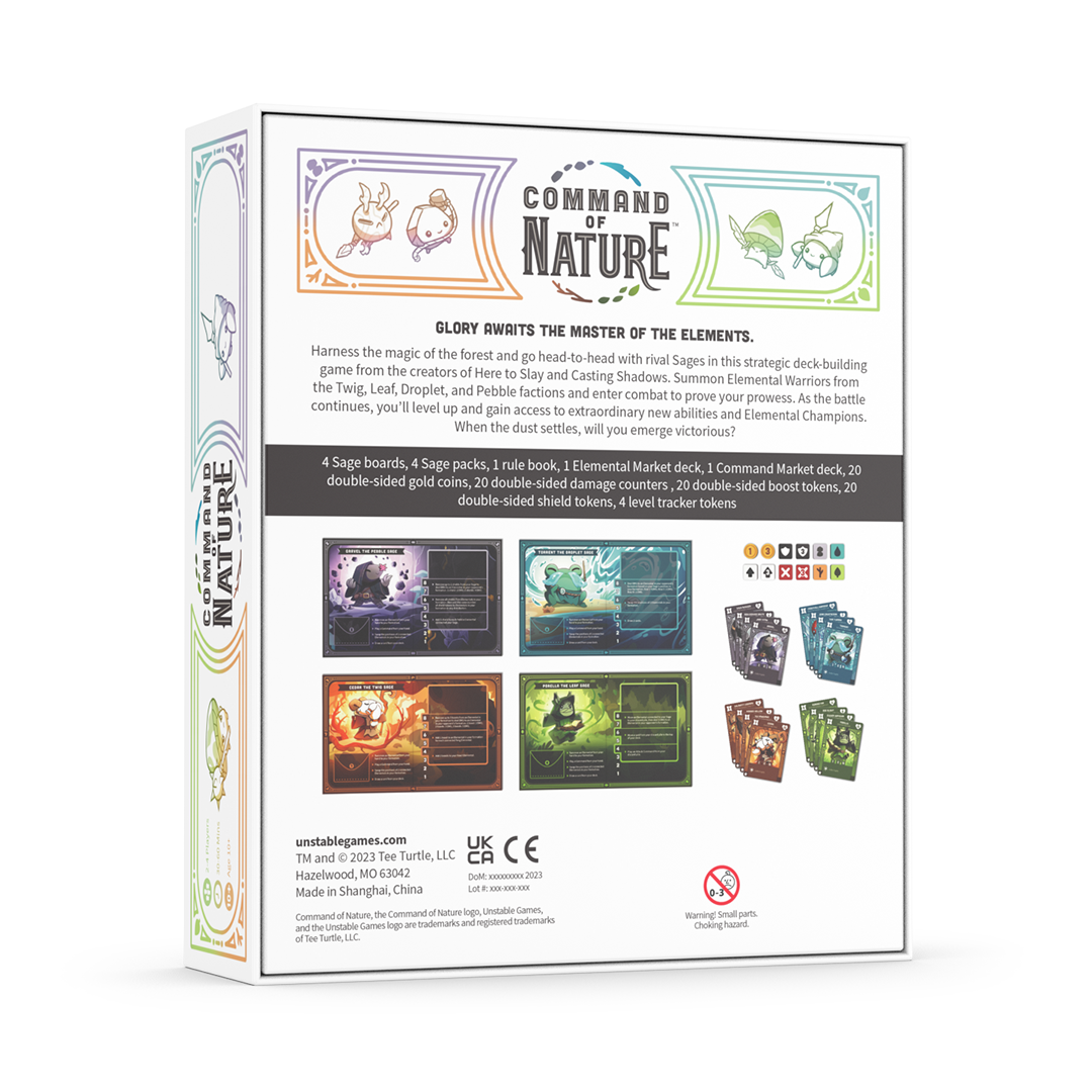 Box of the "Command of Nature: Base Game" by Unstable Games displaying game components, logos, and a detailed description on the back. Features images of game boards, cards, and tokens.