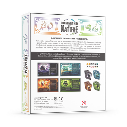 Box of the "Command of Nature: Base Game" by Unstable Games displaying game components, logos, and a detailed description on the back. Features images of game boards, cards, and tokens.