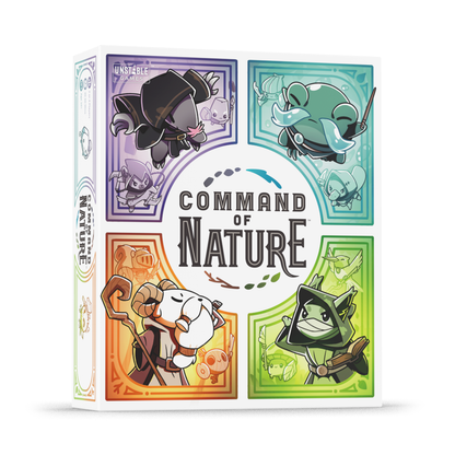 The box art for "Command of Nature: Base Game" by Unstable Games features vivid illustrations of animal characters in colorful sections.