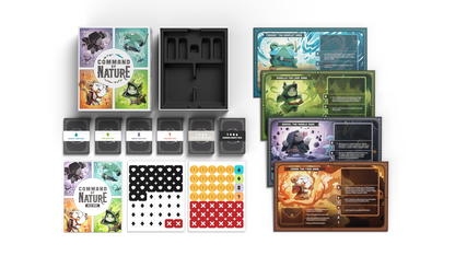 The components of Command of Nature: Base Game by Unstable Games are laid out, including black, white, and green cards, tokens, a game board, instruction sheets, and a storage tray.