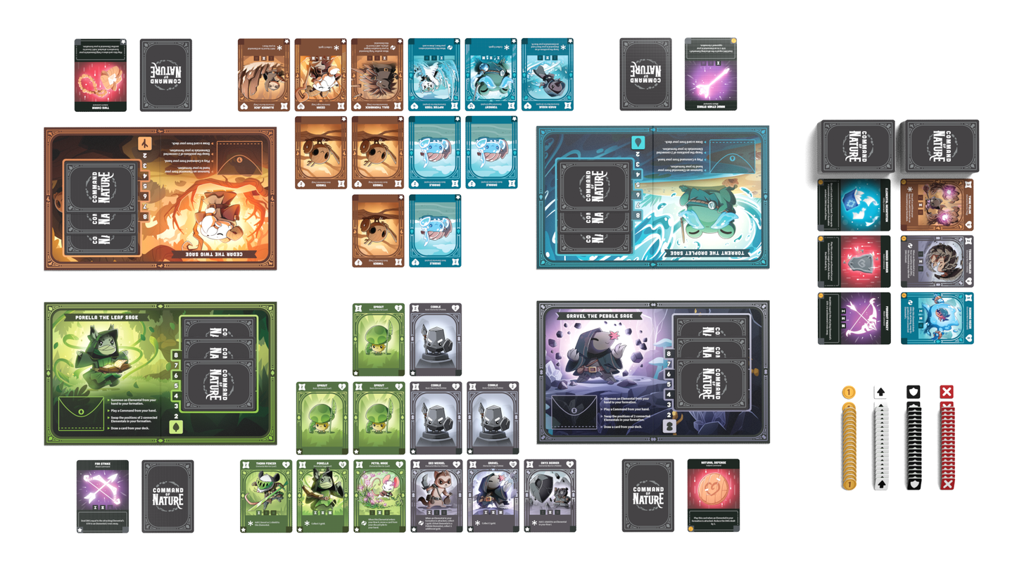 A neatly arranged setup of *Command of Nature: Base Game* by Unstable Games, featuring multiple stacks of cards, game boards, and various tokens in green, blue, purple, and brown.