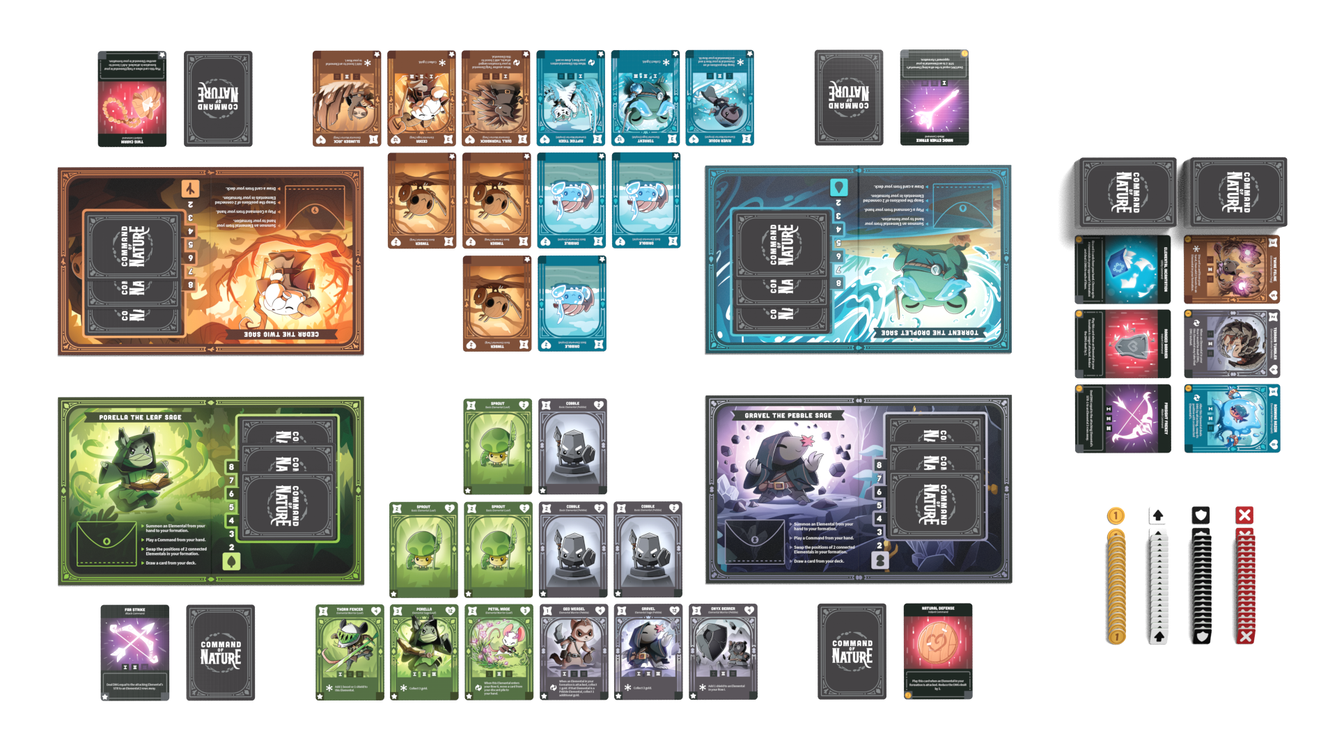 A neatly arranged setup of *Command of Nature: Base Game* by Unstable Games, featuring multiple stacks of cards, game boards, and various tokens in green, blue, purple, and brown.