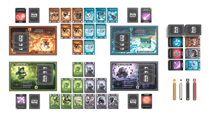 A neatly arranged setup of *Command of Nature: Base Game* by Unstable Games, featuring multiple stacks of cards, game boards, and various tokens in green, blue, purple, and brown.