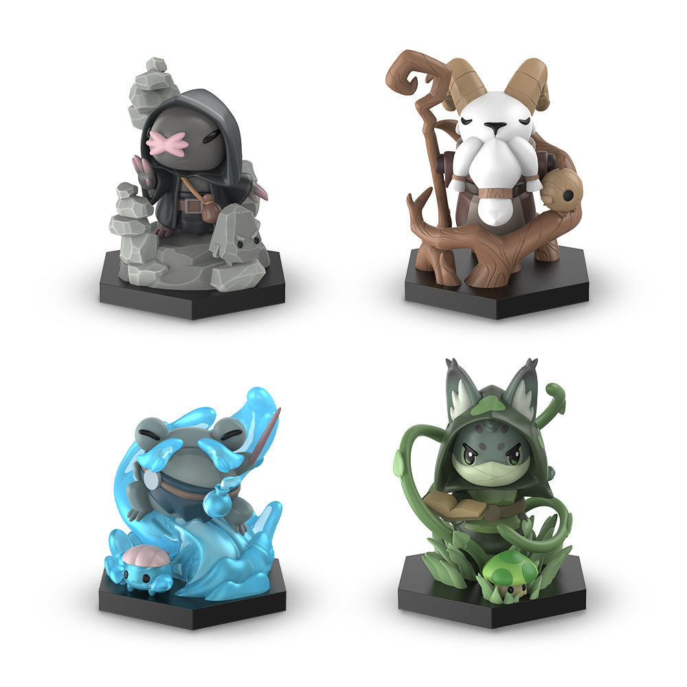 Displaying the Command of Nature: Base Game Vinyl Figure Set by Unstable Games, which includes four small, intricately designed figures. Each figure represents a distinct character with unique details: a robed figure, a horned creature, a water-themed character, and a plant-themed character.