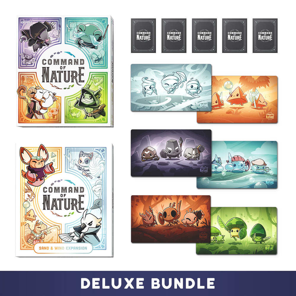 The "Command of Nature: Deluxe Bundle" by Unstable Games is a strategic tabletop game that includes an illustrated box, beautifully designed cards, and themed game mats, immersing players in the role of Master of the Elements.