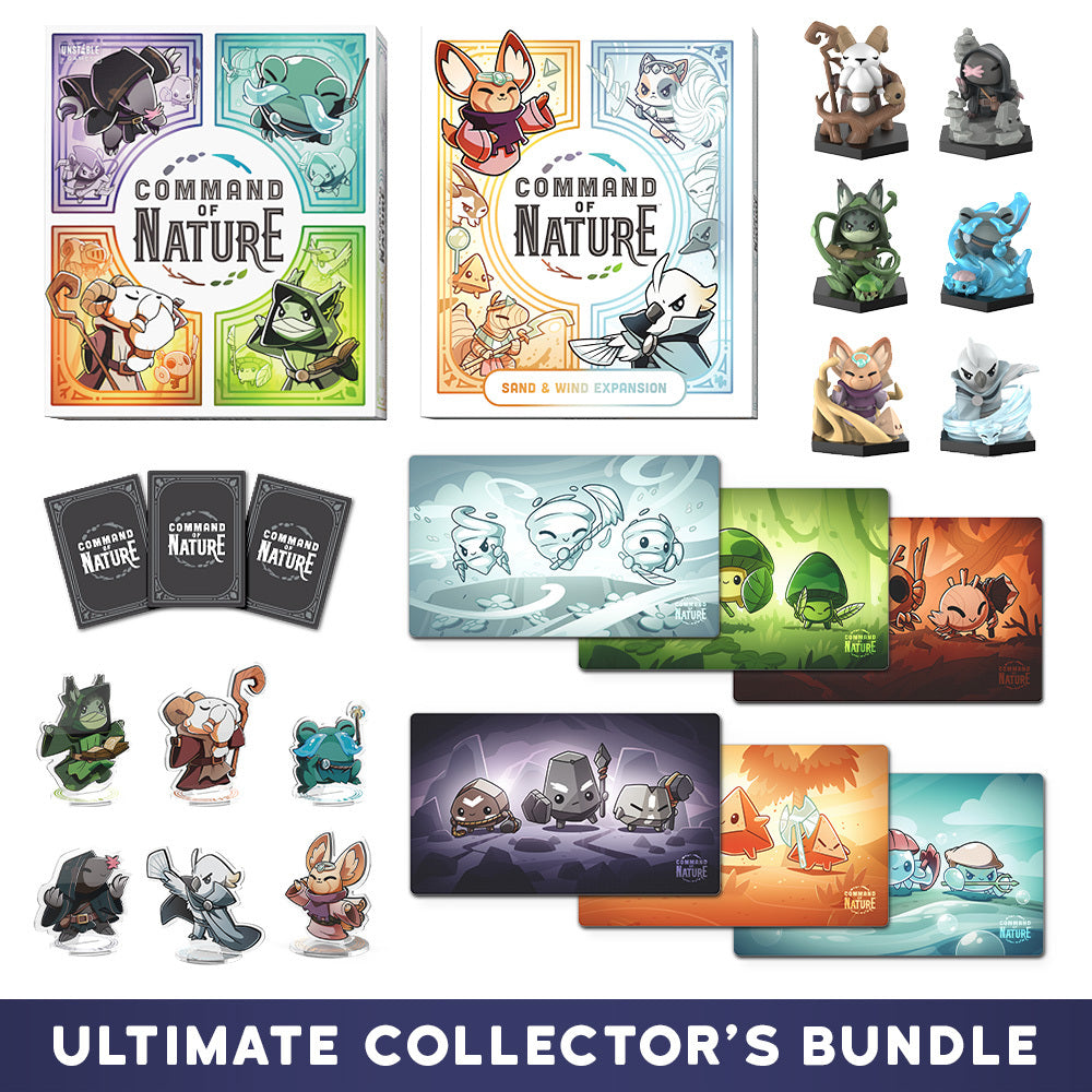 Unstable Games presents the "Command of Nature: Ultimate Collector's Bundle," a comprehensive set for the strategic tabletop game that includes game boxes, character cards, mini-figurines, and themed art prints.