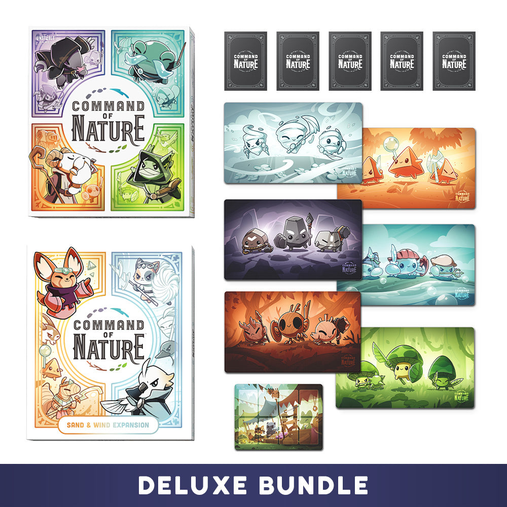 Image displaying the "Command of Nature: Deluxe Bundle" by Unstable Games, a strategic tabletop game containing card decks, boxed games, character illustrations, and game cards.