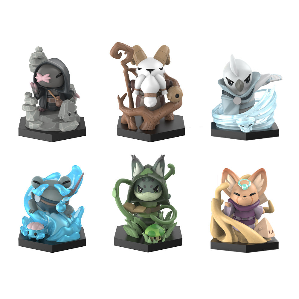 The Command of Nature: Base Game + Sand & Wind Expansion Vinyl Figure Set from Unstable Games features six stylized figurines, each with distinct fantasy themes, standing on black bases. The set includes a hooded figure, a goat-like character, a wind warrior, and three animal-like figures with elemental powers.